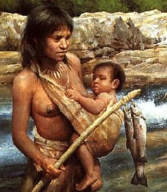 femme préhistorique qui porte son bébé